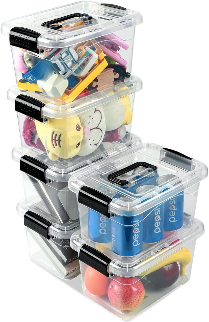 Plastic Storage Bins with Lids - 6 Pack, 7 Quart Stackable Containers for Home Pantry Office Classroom Organization, Clear with Black Buckle Lids