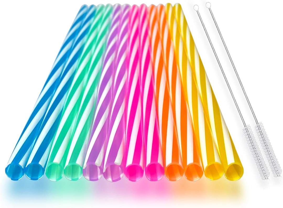 Reusable Silicone Drinking Straws, 12 Pcs Eco Friendly Silicone Straws with 2 cleaning Brushes,for 30oz and 20oz Tumblers, Rtic,Yeti, Ozark, (Two-tone Stripe, 10 inches)