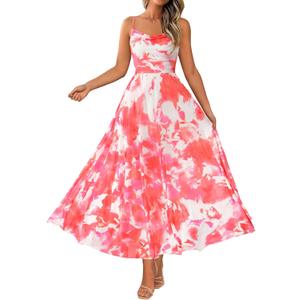 BTFBM Women Summer Floral Maxi Dresses Elegant Spaghetti Strap Dress Printed Party Dress Beach Long Dresses (Medium, Floral Light Orange)