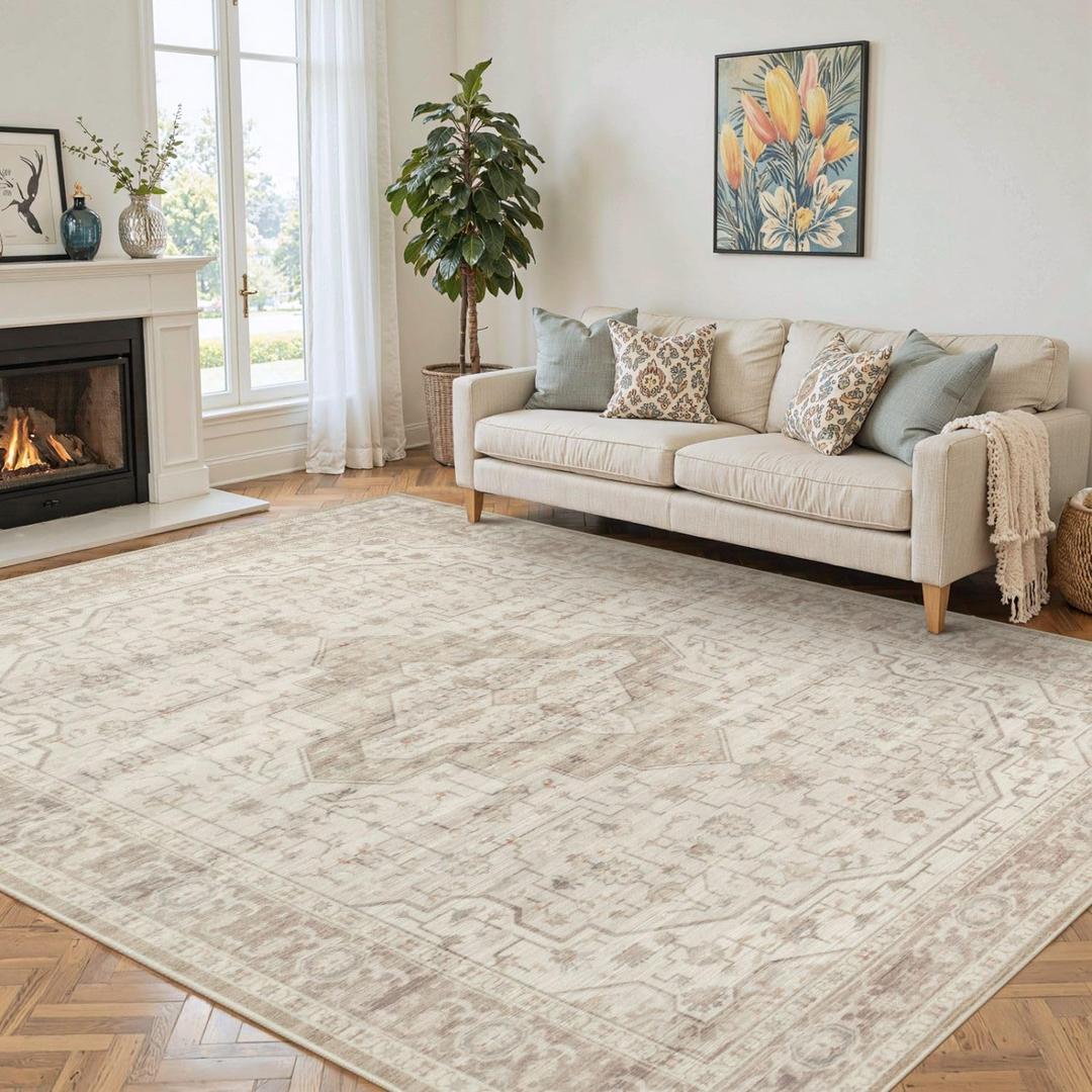 6x9 Washable Area Rug for Living Room, Vintage Neutral Large Boho Rugs for Office, Dining Room, Kids Room, Farmhouse, Durable Low Pile Non Slip Carpet for High Traffic Areas, Cream
