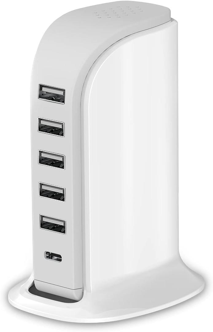 Charging Station for Multiple Devices 40W Upoy, Wall Charger Block 5 USB Ports(Shared 6A), USB Charging Hub Smart IC, Charger Tower with Type-C 3A for iPhone iPad Tablets Smartphones, Home Office Use (white charging station)