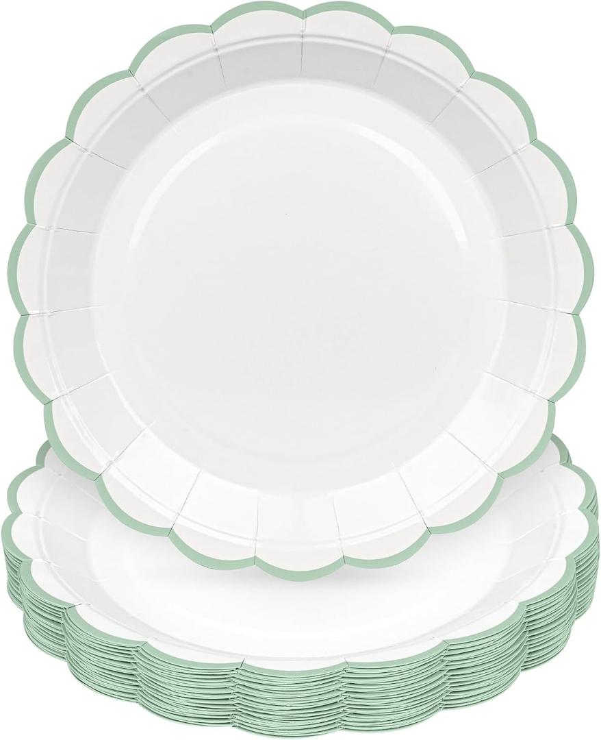 2 x 30 Pcs Sage Green and White Paper Plates, 9 Inch White Party Plates, Sage Green Scalloped Dinner Paper Plates Wedding Plates Party Supplies for Baby Shower, Wedding, Bridal Shower, Birthday Party