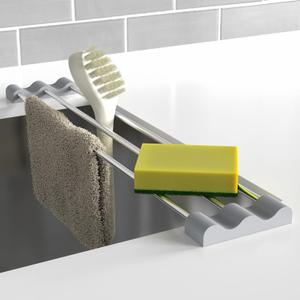 Tomorotec Adjustable Over-The-Sink Kitchen Rack for Dishcloths, Sponges, Bottles and Brushes - Heat-Resistant Stainless Steel with Slim, Expandable Design and Multifunctional Silicone Holder (Curve, Light Gray)