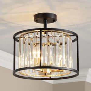 AGV LIGHTING CL005BB K9 Crystal Semi Flush Mount Ceiling Light Fixture, Modern Design, E12 Base 3-Lights, D13 x H15, Shinny Gold & Matte Black Finish Metal Frame
