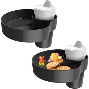 [2 Pack] Car Seat Cup Holder Snack Tray Black, Toddler Travel & Road Trip Essentials Accessory for Mess-Free Snacking in The Car,Travel Tray for Kids Car Seat