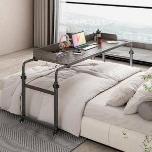 Overbed Table with 360 Wheels, Queen Size Mobile Bed Desk, Recliner Table Over Bed Table Adjustable Height and Length Overbed Table with Heavy Duty Metal Leg for Hospital and Home use (Grey)