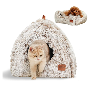 CATISM Cat Bed, Cat Cave for Indoor Cats, Soft Cat Dome, SelfWarming 2 in 1 Foldable Pet Cat House with Washable Cushioned Pillow Calming Fluffy Dog Beds for Small Dogs with AntiSlip Bottom Brown