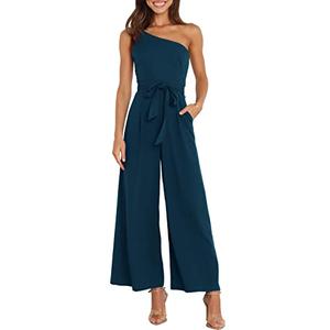 ANRABESS Women Summer Dressy Jumpsuits One Shoulder Sleeveless Casual Wide Leg Pants Romper Jumper 2026 Trendy Fall Outfits Navy Blue X-Large