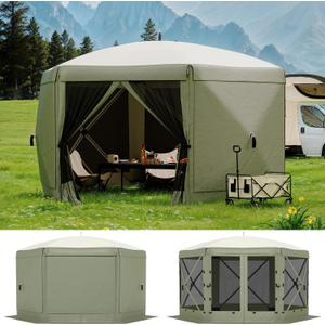 13FT Pop-Up Gazebo 6-Sided with Mosquito Netting & Removable Wind Cloths Outdoor Canopy Tent One-Push Setup for Camping, Backyard, Army Green, Size: Fixed Top-13ft