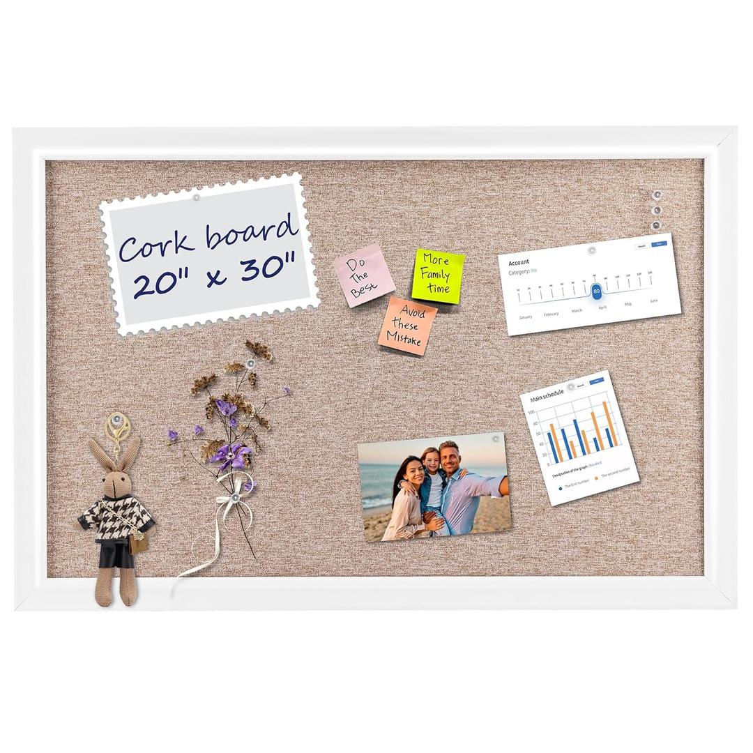VUSIGN Linen Bulletin Board 30'' x 20'', White Cork Board for Walls, Fabric Pin Board with 10 Clear Push Pins, Vision Board for School, Home & Office
