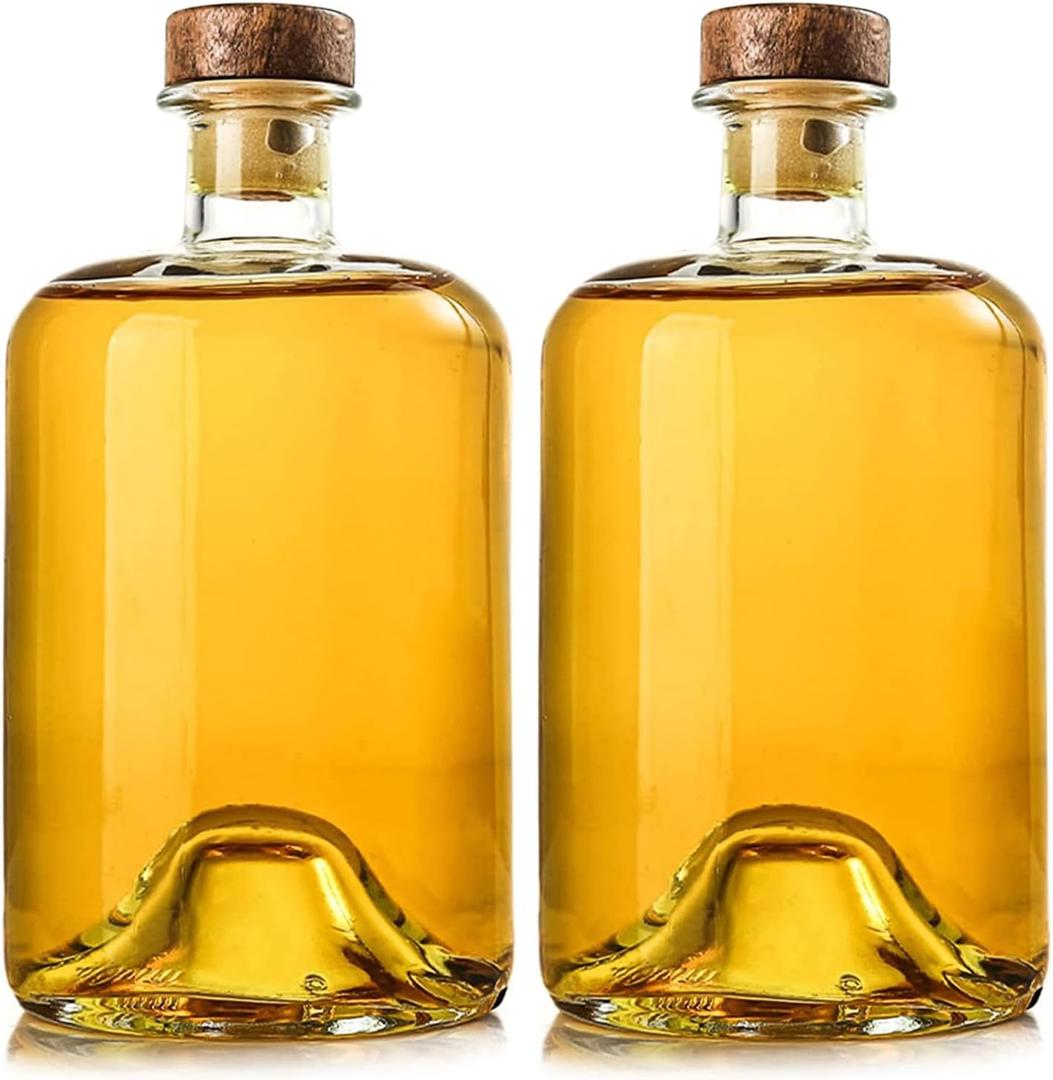 2 Pack 25 oz Heavy Base Clear Glass Liquor Bottles with T-Top Wood Caps Clear Wine Bottles Home Brewing Airtight Crew Bottles Leak Proof for Kombucha Juice Oil Drinks,Kefir,Dishware Safe