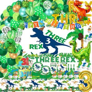 Three Dino Rex Birthday Party Decorations Dinosaur Birthday Party Supplies 3 Year Old Boy Dino Balloon Arch Backdrop Cake Topper Plates Napkins and Cups Table Cloth for for Boy T-Rex 3 Rex Dino Bday