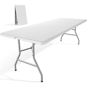 DUMOS 8 Feet Folding Picnic Table, Plastic Table with Carrying Handle, Heavy Duty Portable Table for Camping Party, White | Portable Folded Size, Dining Party Outdoor Indoor, Carrying Handle, Easy to Keep