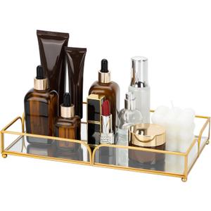 Gold Glass Tray Handmade, Mirror Tray for Perfume Jewelry Makeup, Glass Vanity Trays for Bathroom, Dresser, Bedroom, Metal Brass Curved Design, Perfume Holder, 11" L x 6.7" W x 1.3" H, Gold  
