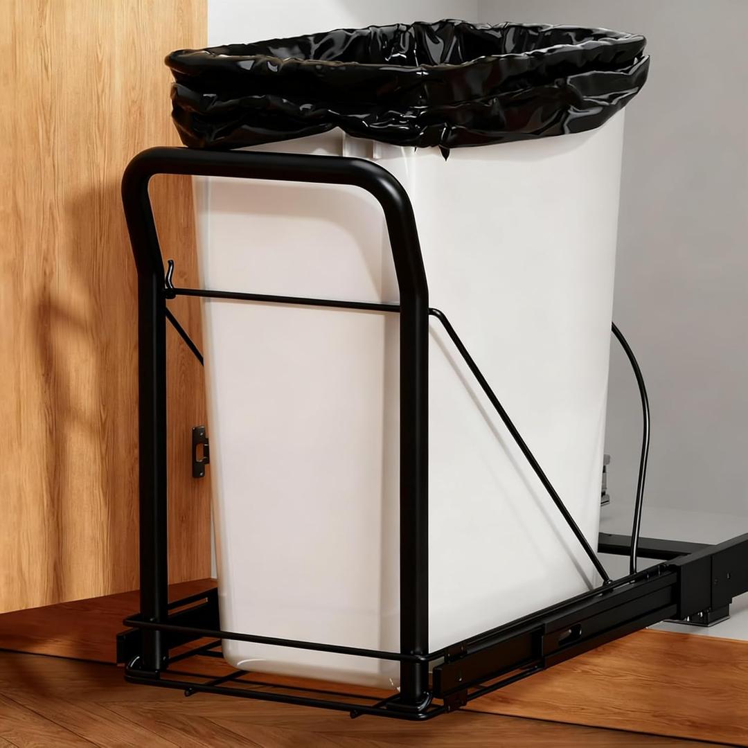Black Pull Out Trash Can Under Cabinet with Soft-Close SlidesHeavy Duty Slide Out Under Sink Garbage Can for KitchenAdjustable Tail Groove for CanRequires 13" W X 18" D Cabinets, Can Not Included