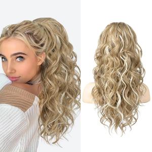 SEIKEA Ponytail Extension, 20" Lightweight Fluffy Drawstring Ponytail, Long Wavy Curly Multi-layered Clip in Hair Extensions, Natural Soft Synthetic Hairpiece, Dark Blonde/White Blonde