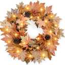 22 Inch Fall Wreaths for Front Door Outside Timer Function Pinecones Berries Autumn Fall Wreaths with 30 Warm Lights Decorations for Home Wall Porch Door Yard Harvest Mantle Fireplace Window Decor (Fall Orange-245)