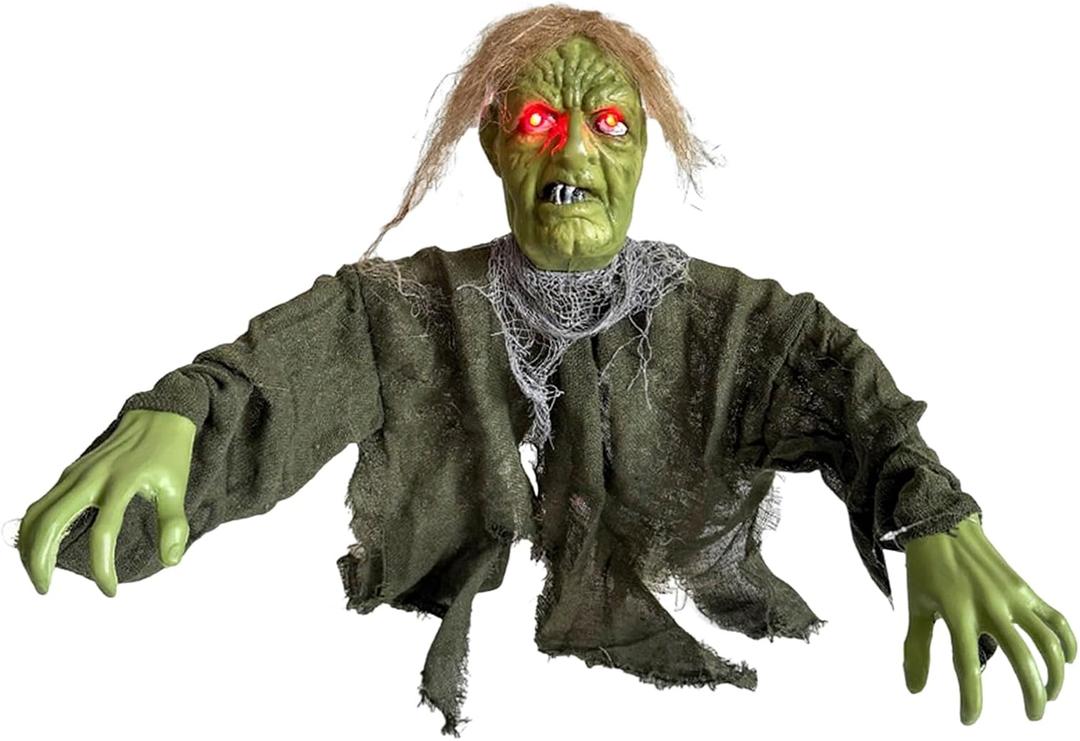Halloween Outdoor Decoration Luminous Green Face Zombie Ground Plug, Electronic Animation Zombie Prop, with Glowing Red Eyes, for Cemetery Lawn Yard Haunted House