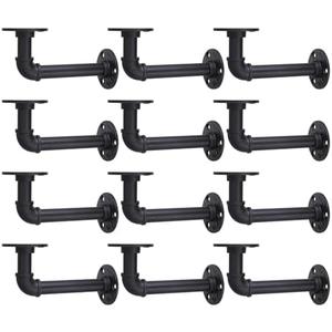 MUZIK Shelf Brackets, 12 Pack Industrial Pipe Floating Shelf Bracket, Heavy Duty Wall Mount Shelf Brackets & Supports, Vintage Black Iron Finish DIY Pipe Brackets for Shelves (7*4 Inch)