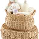 Juexica 2 Pcs Scalloped Rattan Baskets, Baby Diaper Caddy, Woven Rattan Wicker Storage Baskets with Lid for Nursery Storage Diaper Organizer Bathroom Decor (Natural,Small,Medium)