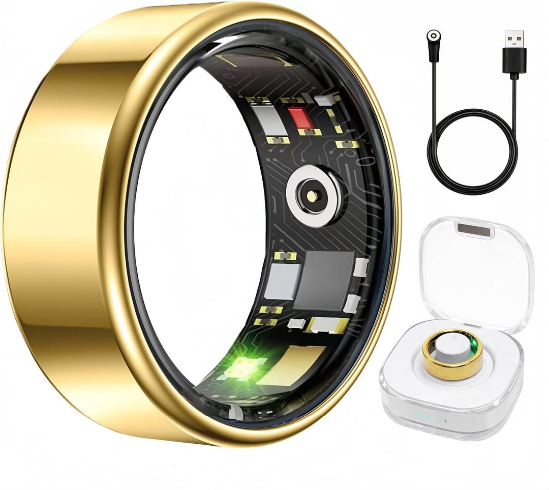 Smart Ring Health & Fitness Tracker for Men & Women, Heart Rate, SPO, Sleep & Activity Monitoring, IP68 Waterproof, Long Battery Life, Family Care Mode, No Subscription Fee (Gold, 7)