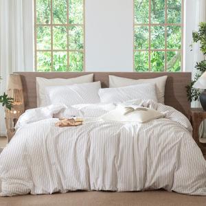 MooMee Striped Duvet Cover Set 100% Washed Cotton Linen Like Textured Breathable Durable Soft Comfy (White Orange Wide Stripes, King 104"x90")