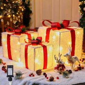Christmas Decorations Lighted Gift Boxes Set of 3, Foldable 12" 10" 8" Xmas Gift Boxes with LED Lights, Bows, Berries and Pinecones for Indoor Outdoor Christmas Tree, Yard, Party Decorations