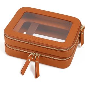 Prite Large Clear Makeup Bag Double Layer Makeup Bag for Women Travel Toiletry Bag Cosmetic Train Case with a Separate Brush Compartment for Car Essentials(Brown)