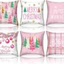 6 Set Pink Winter Throw Pillow Covers Winter Watercolor Pillow Cover 18 x 18 Inch Holiday Cushion Case Decor Seasonal Decorative Outdoor Pillowcase for Couch Sofa Porch Farmhouse
