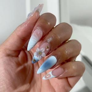 MISUD Press on Nails - Medium Almond Glue on Nails with Summer Blue, Acrylic Handmade Flower Design 24 pcs