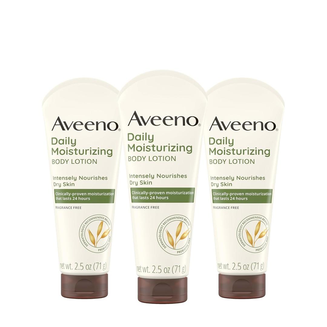Aveeno Daily Moisturizing Body Lotion, Gentle Lotion Nourishes Dry Skin with Moisture, Soothing Prebiotic Oat, Fragrance-Free, Non-Comedogenic, Travel-Size, 2.5 fl. oz, 3 Pack