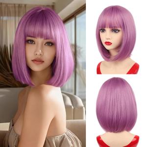 NOTICEME 14 Inch Purple Pink Bob Wig with Bangs, Short Straight Synthetic Heat Resistant Wigs for Women with Adjustable Straps & Wig Cap for Party Cosplay Daily Use