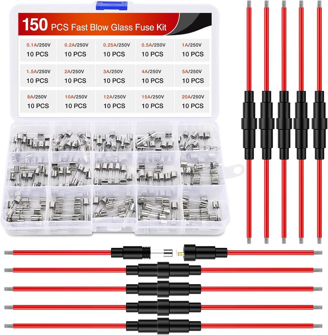 Nilight 150PCS Fast Blow Glass Fuses with 10PCS 5x20mm Inline Holder Screw Type16AWG 250V 0.1A 0.2A 0.25A 0.5A 1A 1.5A 2A 3A 4A 5A 8A 10A 12A 15A 20A Tube Fuse Assortment