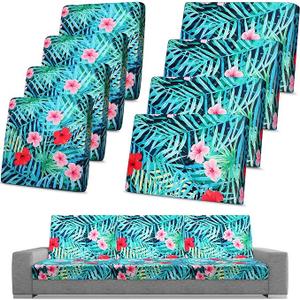 Spiareal 8 Pcs Waterproof Patio Stretch Sofa Cushion Cover, Outdoor Cushion Cover Replacement Include 4 Backrests and 4 Cushions, Sofa Seat Covers Furniture Protector (Tropical Plants)