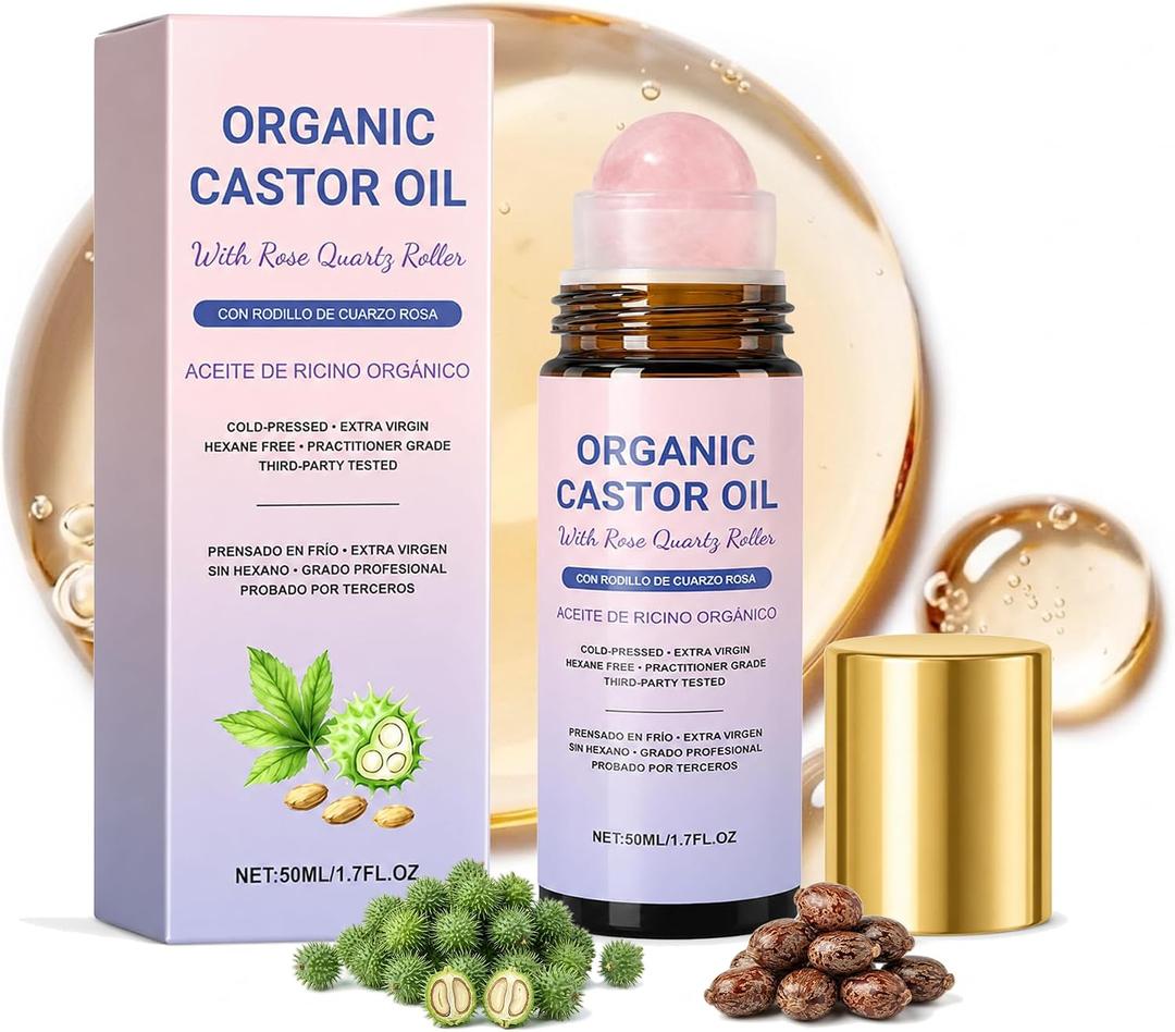 Organic Castor Oil Rose Quartz Roller Ball, 100% Pure, Cold-Pressed, Unrefined & Hexane-Free, Moisturizing Facial Oil for Face & Under Eyes, Cooling Facial Massage Roller for Puffiness & Dry Skin