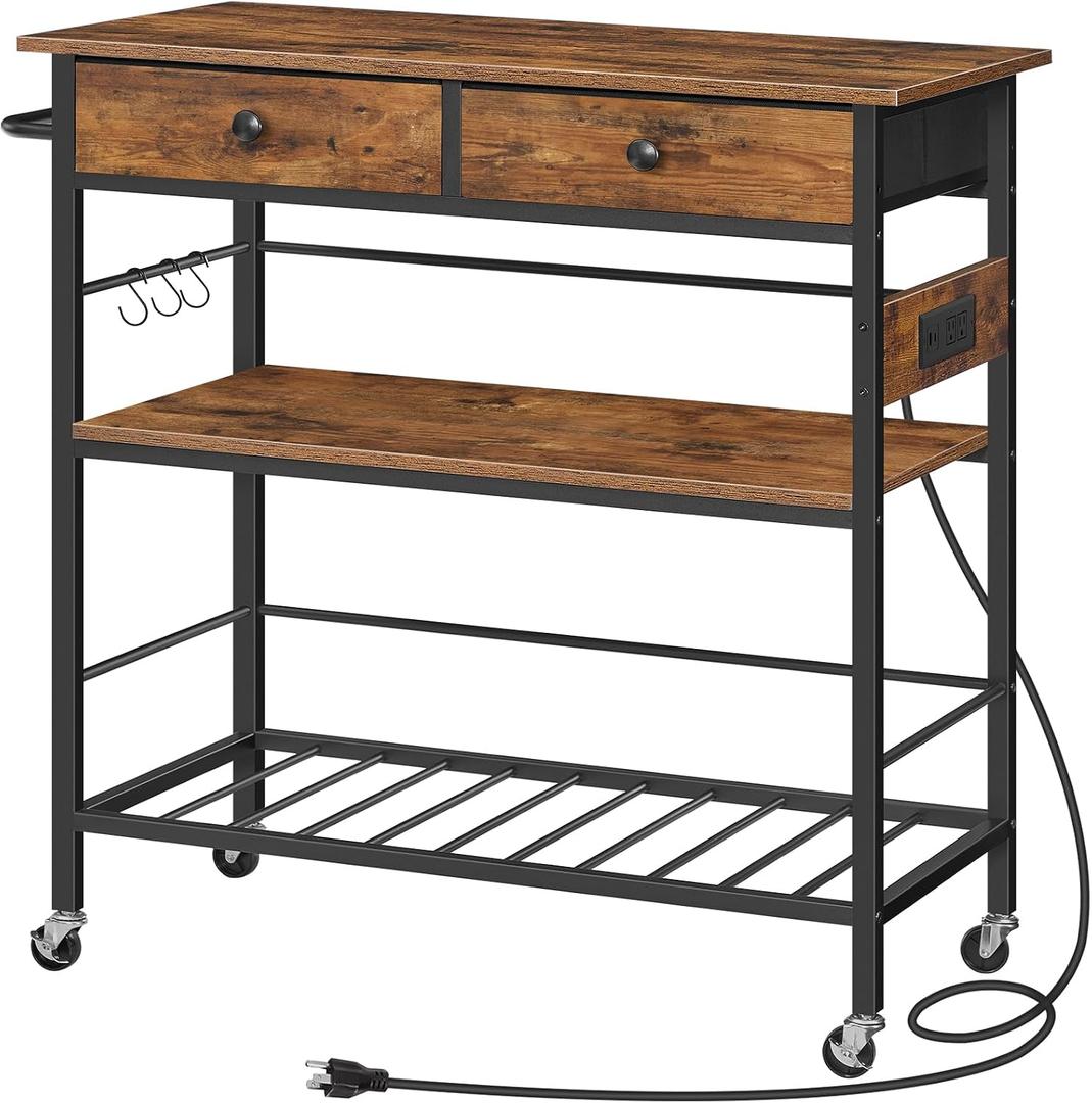 HOOBRO Kitchen Island with Storage, Rolling Island Cart for Kitchen with 2 Drawers & Outlet, 3 Tier Coffee Station and Microwave Stand, Kitchen Island Table for Home, Rustic Brown BF08UZD01, 18.9"L x 35.4"W x 37.8"H