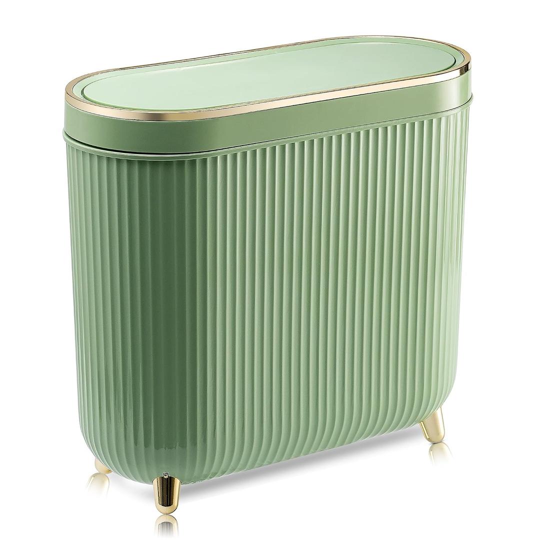 Supteron Bathroom Trash Can with Lid 3.2 Gallon Narrow Trash Can Small Plastic Trash Bin 12 Liter with Press Type Lid for Bedroom Bathroom, Mint Green