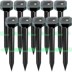 Snake & Mole & Rabbit & Skunk Repellent Solar Powered, Upgraded Ultrasonic Deterrent, IP65 Waterproof, Gopher Groundhog Chipmunk Raccoon and Vole Repellent & Deterrent for Lawn & Garden, 10 Pack