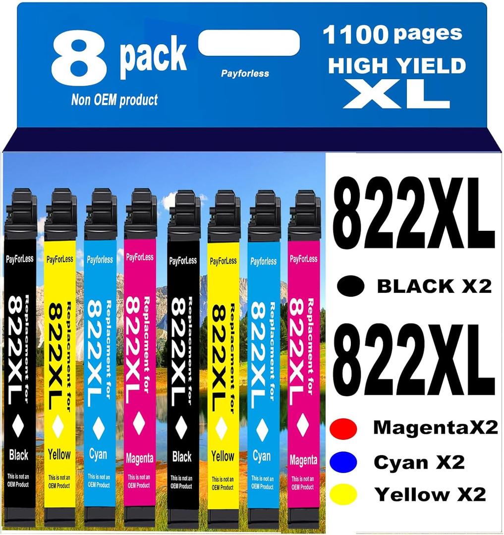 822XL Remanufactured for Epson 822XL Ink Cartridges 822 XL T822 for Workforce Pro WF-3820 WF-3823 WF-4820 WF-4830 WF-4833 WF-4834 Printer 8 Pack 2 Black 2 Cyan 2 Magenta 2 Yellow