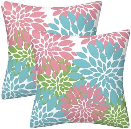 AHAHM Green Pink Blue Dahlia Floral Throw Pillows Farmhouse Decorative Throw Pillow Case Indoor Outdoor Cushion Cover Spring Summer Pillowcase for Couch Living Room Bedroom 18 x 18 Inch Set of 2