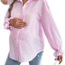 MakeMeChic Women's Maternity Blouse Spring Striped Long Sleeve Pregnancy Button Down Shirts (Pink, XL)
