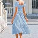 Linsery Women's Summer Square Neck Short Puff Sleeve Casual Smocked Flowy A Line Tiered Split Midi Dress (Blue, S)