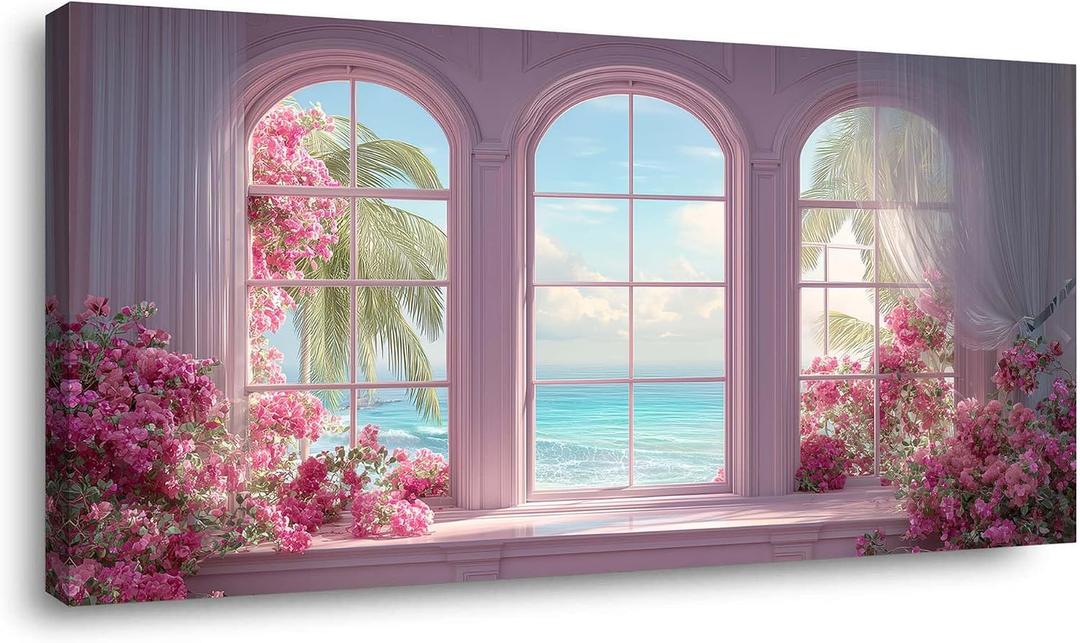TEKMENT Pink Floral Beach Room Wall Art for Bedroom Canvas Painting Prints Beautiful Romance Sea Flower Window Cliffrose Windowsill Art Deco Romantic Artwork Office Girls Decor