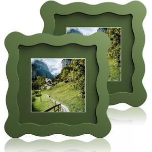 4x4 Wavy Picture Frame With Mat For 3x3, Wavy Edge Wooden Picture Frame with Real Glass - Wall Mount and Tabletop Display, Green, 2 Pack