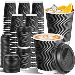 100 Pack 8 oz Disposable Coffee Cups with Lids, To Go Insulated Thick Coffee Cups for Hot/Cold Beverage, Corrugated Ripple Wall Cups for Espresso Coffee, Hot Chocolate and Cocoa - Black