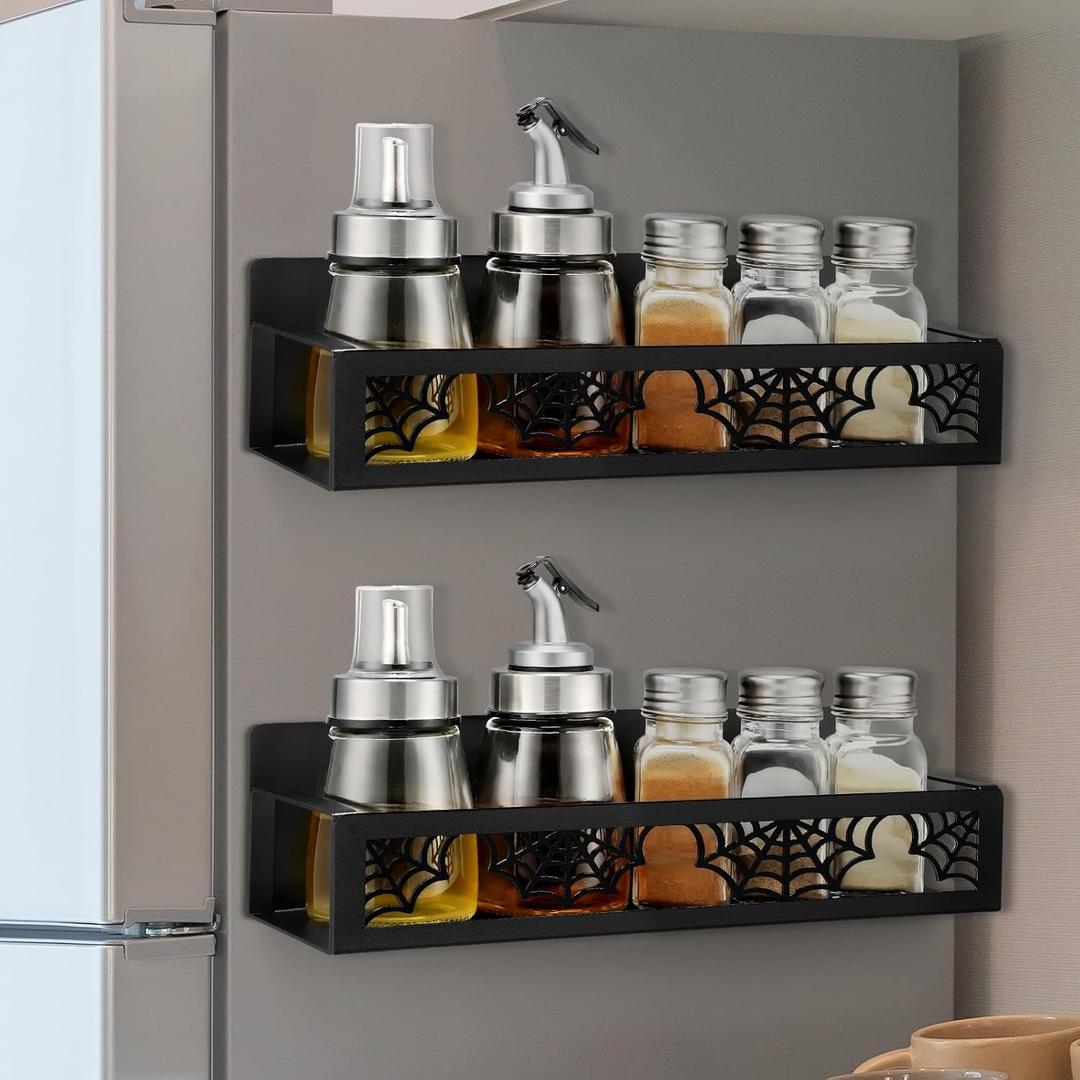 Beeveer 2 Pack Spider Web Magnetic Spice Rack for Refrigerator Metal Magnet Basket Shelf for Fridge Seasoning Storage Organizers Home Decor Kitchen Accessories (Black)