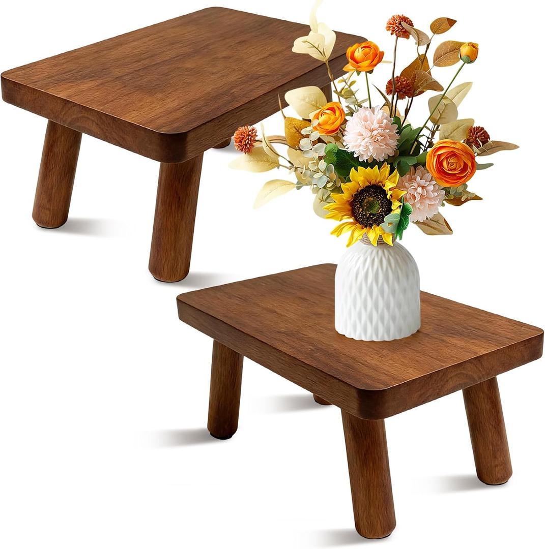 2 Pack 6.3'' Tall Wooden Step Stools, Hold Up to 400 LBS | Wooden Bed Step Ladder with 4 Non-Slip Stepping Feet, Solid One Stepping Stools for Living Room, Kitchen and Bedroom, Brown