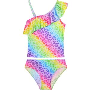 Girls Tankini Swimsuit Two Piece Bathing Suit Colorful Toddler Kids Ruffle Swimwear Adjustable Strap Summer Beach