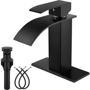 Midanya Bathroom Faucet with Waterfall Spout, Single Hole or 3-Hole Deck Mount, 304 Stainless Steel Sink Faucet with Pop-Up Drain, RV Vanity Compatible, Matte Black