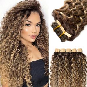 24 Inch Tape in Hair Extensions Water Wave Real Human Hair Medium Brown to Honey Blonde 20pcs 50g Loose Wave Brazilian Human Hair Extension Invisible Skin Weft Tape on Extension for Women
